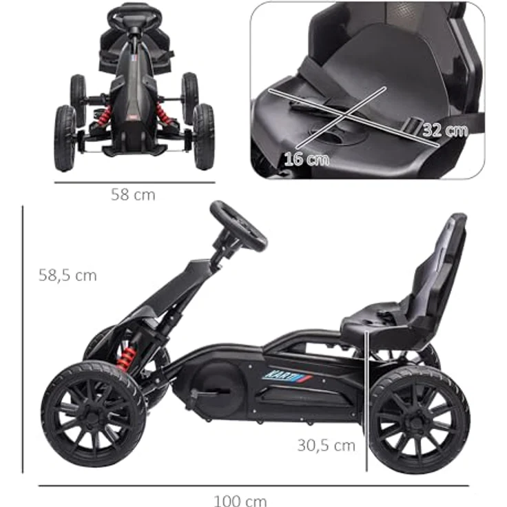 HOMCOM Go-Kart Kinderfahrzeug mit verstellbarem Sitz, Tretfahrzeug, Tretauto mit Handbremse, Kinderspielzeug - Schwarz – Bild 5