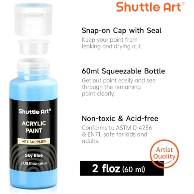 Shuttle Art Acrylfarben Set, 50 hochpigmentierte, ungiftige Acrylfarben in 60ml Flaschen, wasserfest für Leinwand, Holz, Steine – Bild 4