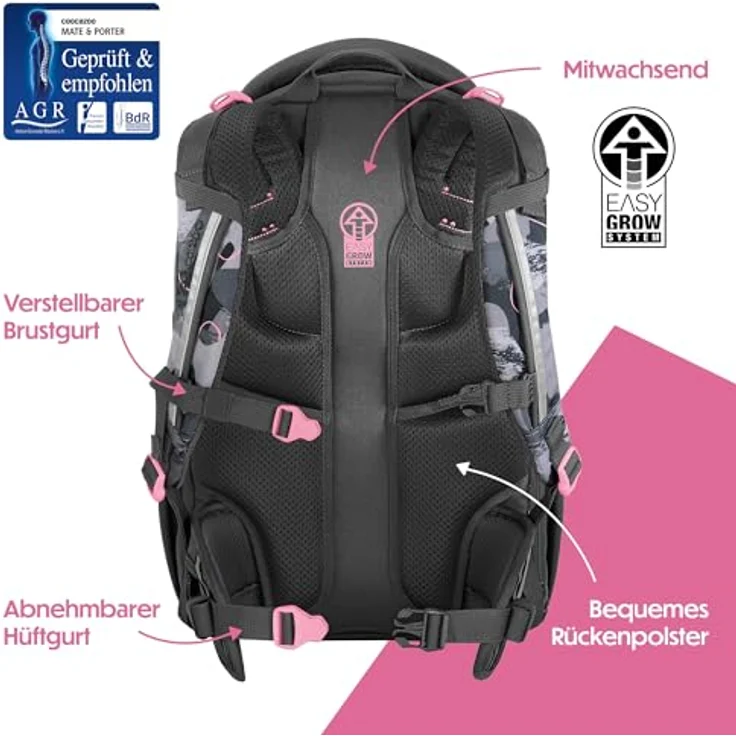 Coocazoo Schulrucksack Porter „Bubble Brush”, grau-rosa, ergonomisch & anpassbar, 30L erweiterbar, mit Brustgurt & Hüftgurt, ab 3. Klasse – Bild 4