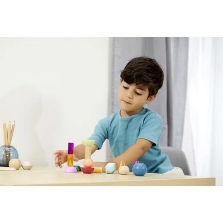 Eichhorn Montessori Stapelspielzeug Stapelperlen, 16 farbenfrohe geometrische Bausteine aus FSC® Buchenholz, fördert Kreativität und Feinmotorik – Bild 7
