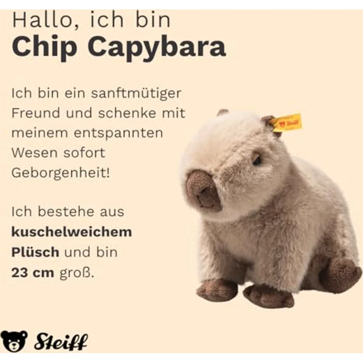 Steiff Kuscheltier Chip Capybara, Plüschtier 23 cm, beige, mit Kunststoffaugen, handgefertigt, waschbar bei 30 °C – Bild 2