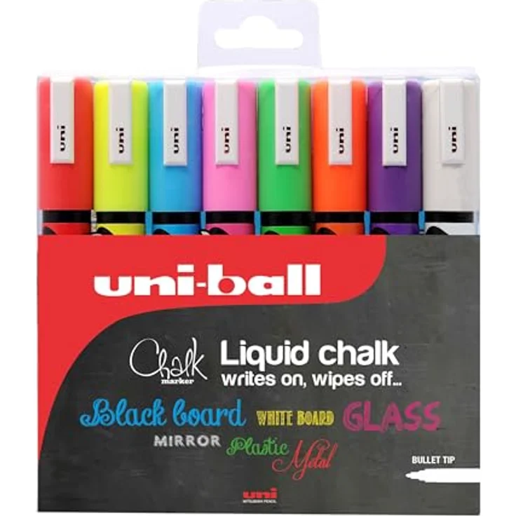 Uni Uni-Ball PWE-5M Flüssige Kreidemarker, Bunt, 8 Stück mit löschbarer Tinte – Bild 1