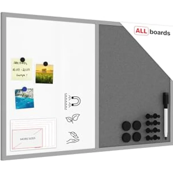 ALLboards Kombitafel, 2-in-1 mit Kork grau und magnetischem weißem Board, Holzrahmen grau lackiert