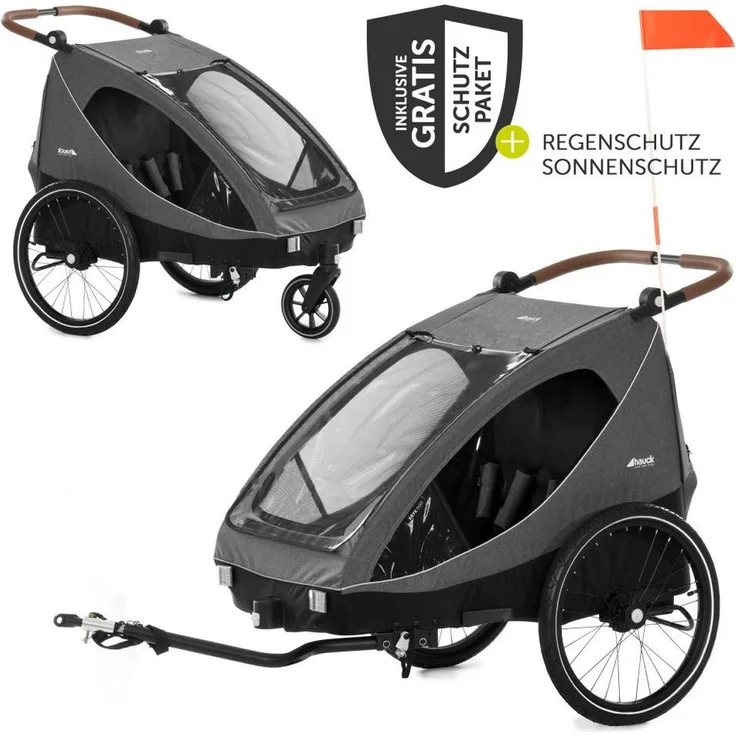 Hauck Fahrradkinderanhänger Dryk Duo - Melange Grey, Fahrradanhänger Buggy für 2 Kinder mit Regen- und Sonnenschutz - Preisvergleich