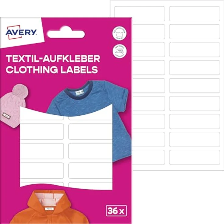 AVERY Zweckform ETVET36 Namensaufkleber, wasserfest für Kleidung, 36 Stück, 13x45mm, selbstklebende Textil-Etiketten aus Vinyl, dermatologisch getestet, weiß – Bild 1