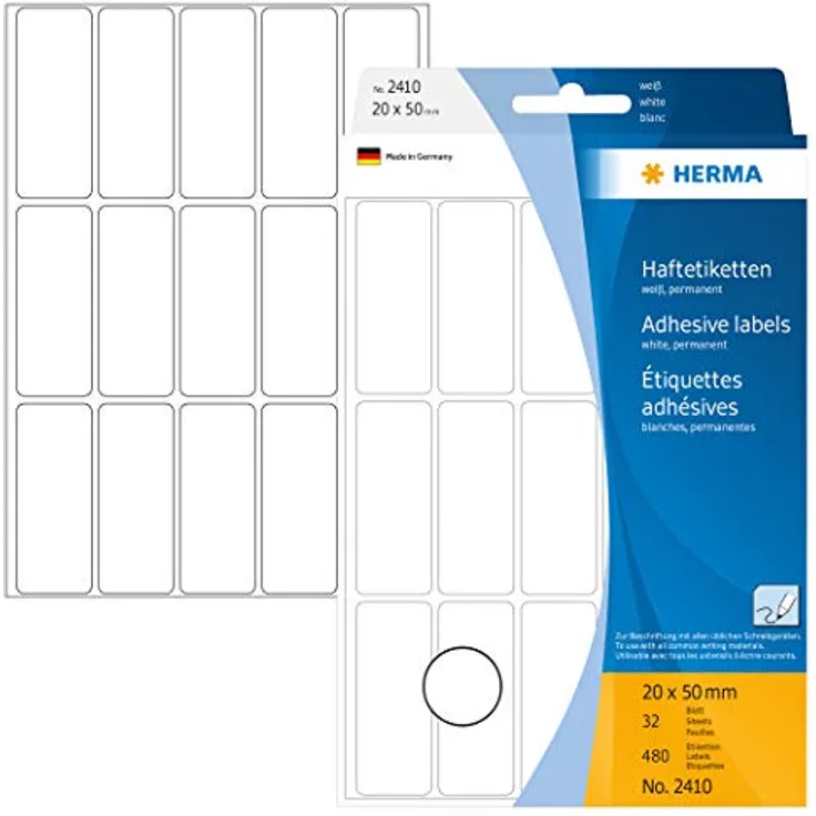 HERMA 2410 Etiketten weiß, 32 Blatt, 20 x 50 mm, 15 pro Bogen, 480 Aufkleber, selbstklebend, Vielzweck Klebeetiketten zum Beschriften, Universal Haftetiketten aus Papier, blanko