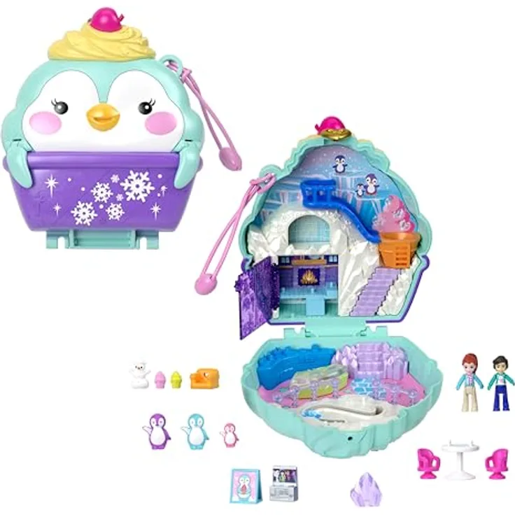 Polly Pocket Winterliche Pinguin Schatulle, Spielset mit 2 Puppen, 12 Accessoires und 6 Winter-Elementen, inklusive Schneemann und Iglu-Rutsche, für Kinder ab 4 Jahren, HRD34