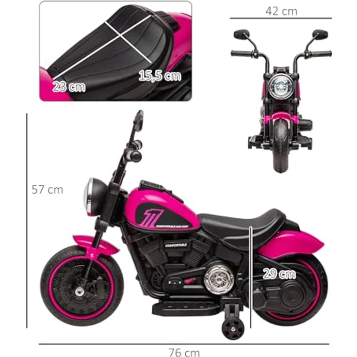 HOMCOM Elektro-Kindermotorrad Kinderfahrzeug mit abnehmbaren Stützrädern, Rosa, Belastbarkeit 25 kg, 76L x 42B x 57H cm – Bild 5