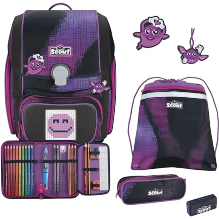 Scout Movie Star Genius Set 5-teilig Pink Pixel, Schulranzen-Set mit Pixel-Pad und Deko-Leuchten