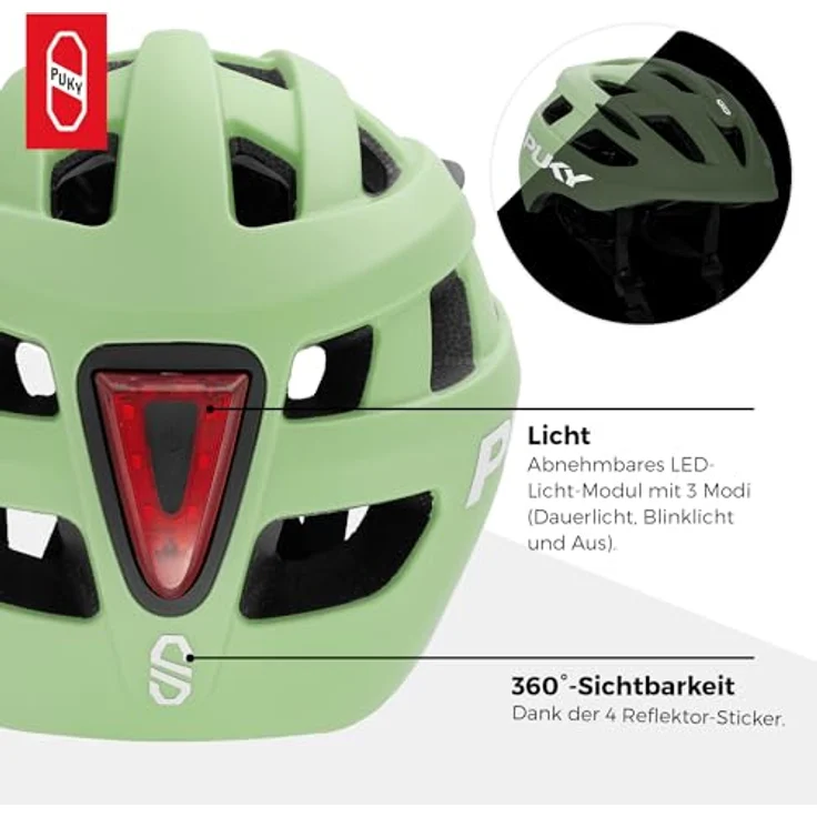 PUKY Helmet S Grün | Kinder Fahrradhelm 48-55 cm | Leichtgewicht 220g | Maximaler Schutz & Belüftung | 360° Sichtbarkeit durch Licht-Modul | Ideal für Sicherheit und Komfort auf dem Fahrrad – Bild 4
