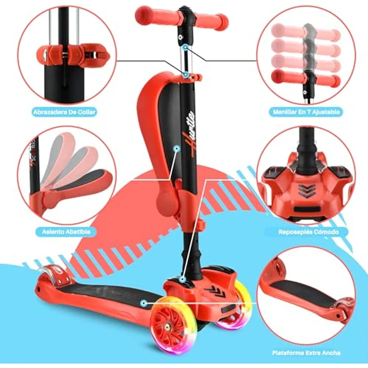 Hurtle 3-Rad-Roller für Kinder, verstellbarer Tretroller mit rutschfester Plattform, bunten LED-Radlichtern, abnehmbarem Sitz und Lean-to-Steer-Technologie, für Jungen/Mädchen, 2-12 Jahre – Bild 3