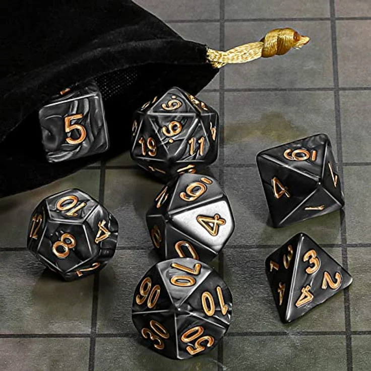 QMAY DND Dice Polyedrisches Würfel Set, 7 Stück für Dungeons und Dragons, D20, D12, D10, D%, D8, D6, D4, Acryl, Schwarz, mit Samtbeutel – Bild 2