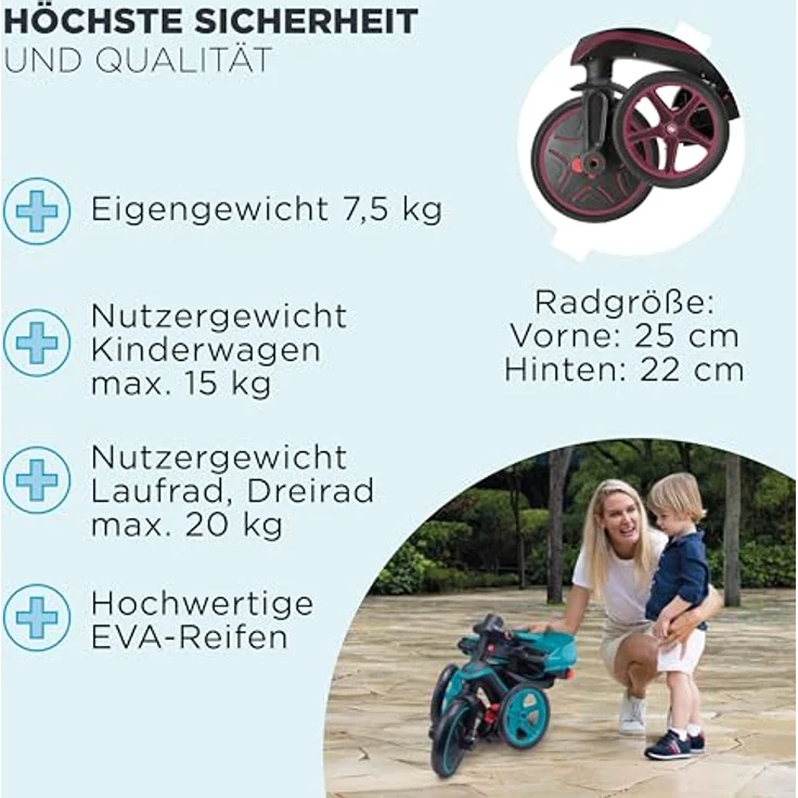 Globber Explorer Trike Foldable 4in1, Dunkelrot – Dreirad, Laufrad und Kinderwagen mit UV-Sonnenschutzdach, höhenverstellbar, TPR-Sitz, 10/8,5 Zoll – Bild 4
