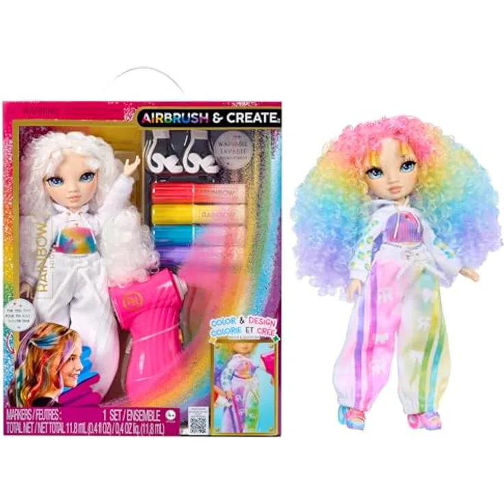 Rainbow High Anziehpuppe Air Brush & Create Fashion Dolls, grünen Augen, auswaschbare Farben, inkl. Airbrush-Tool und Marker in Regenbogenfarben