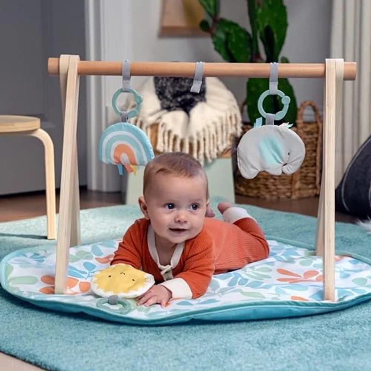 Ingenuity Sun Valley Holzspielzeugbogen & Spielmatte, faltbare A-Rahmen-Stange mit 3 abnehmbaren Spielzeugen, waschmaschinenfeste Matte, Unisex, für 0-36 Monate – Bild 2