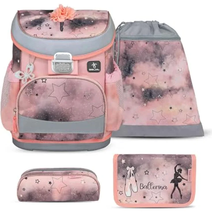 Belmil Mini-Fit Schulranzen Set 4-teilig (405-33/AG/S) (Rose Ballet), leicht und ergonomisch für Grundschüler der 1. - 2. Klasse