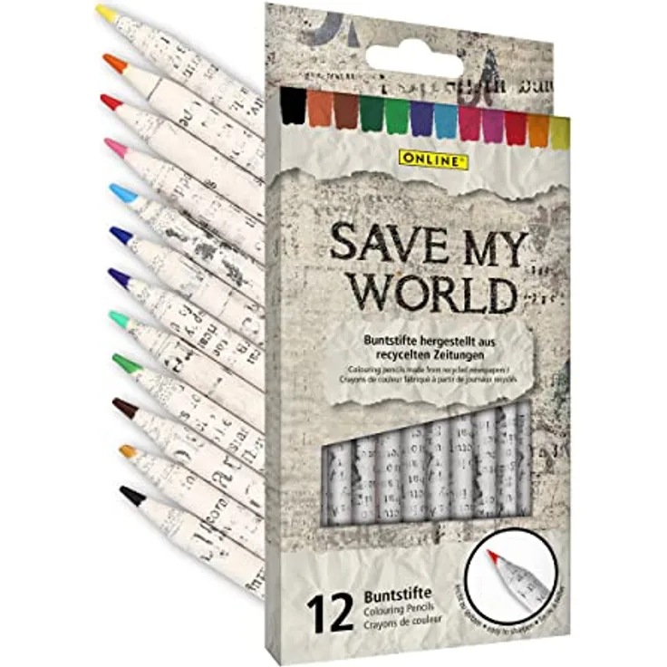 ONLINE 12x Buntstifte Set aus recyceltem Zeitungspapier I umweltfreundliche Malstifte I Stifte-Set zum Zeichnen, Malen, Skizzieren, Schreiben I für Kinder, Schule, Erwachsene