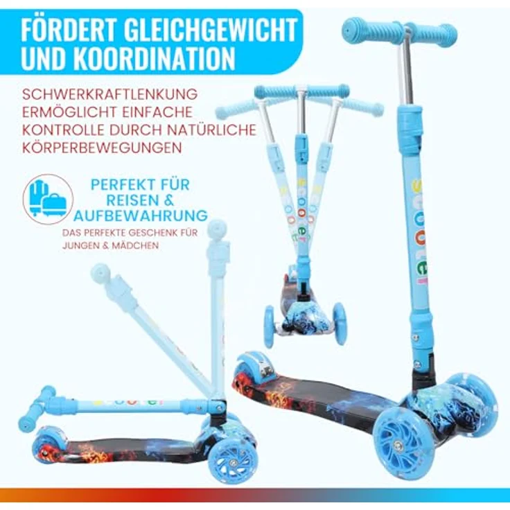 Europebazar Habib Kinderroller Metall-Roller 3-Rad mit verstellbarem Lenker, LED Licht, klappbar, bis 50kg, Blau – Bild 6