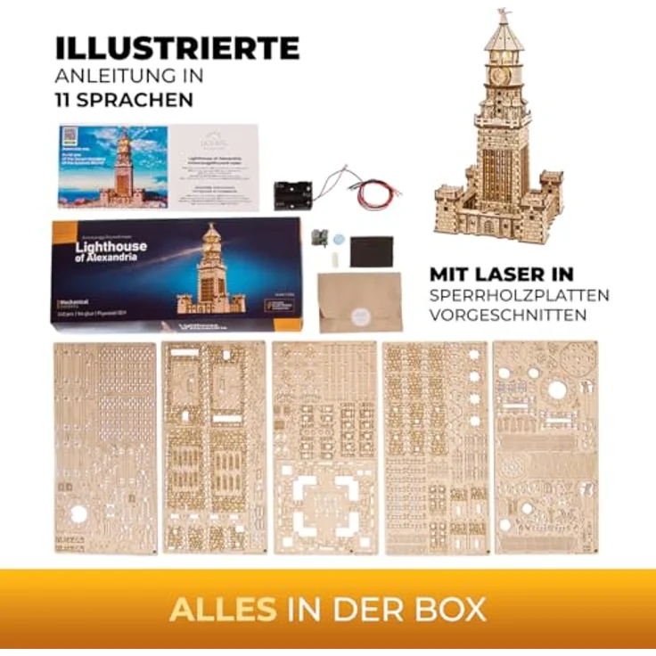 UGEARS Leuchtturm von Alexandria, 3D Holzpuzzle Bausatz für Erwachsene mit LED-Nachtlicht, 340 Teile, historisches Design – Bild 4