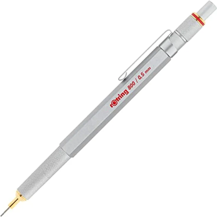 ROTRING Bleistift 800, Feinminenbleistift 0,5 mm HB aus massivem Metall, silber mit auswechselbarem Radierer und Druckmechanik