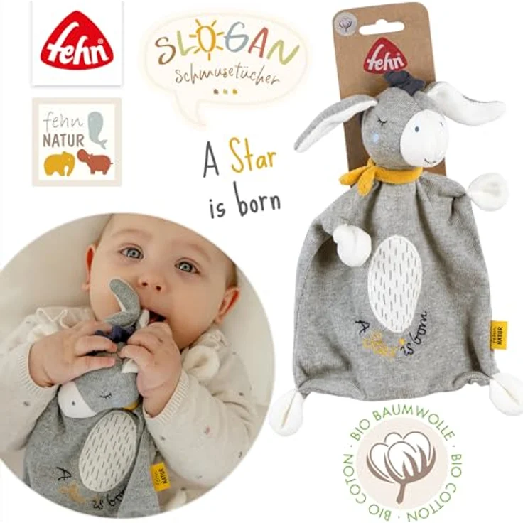 Fehn Schmusetuch fehnNATUR, Esel "Star" - Spielkamerad & Stofftier-Schnuffeltuch mit Baumwolle aus kbA, bestickt mit "A Star is born" in naturfarben – Bild 5