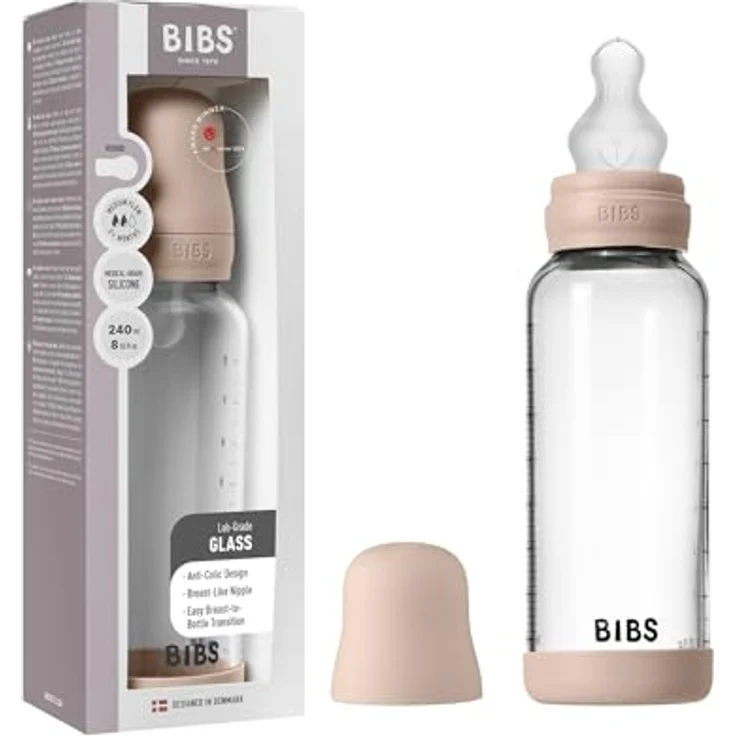 BIBS Baby Glasflasche 240ml, runder Silikonsauger, kolikreduzierend, unterstützt das Stillen, Blush – Bild 1