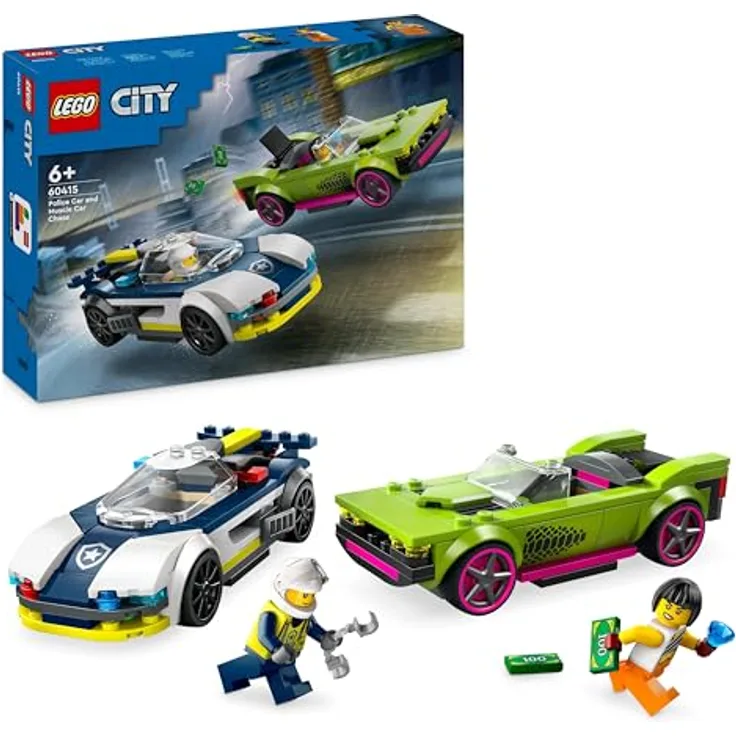 LEGO City Verfolgungsjagd mit Polizeiauto und Muscle Car, Auto-Spielezug mit 2 Rennautos, Polizei-Geschenk für Kinder, Jungs und Mädchen ab 6 Jahren, Set mit Polizist und Ganovin-Minifiguren 60415