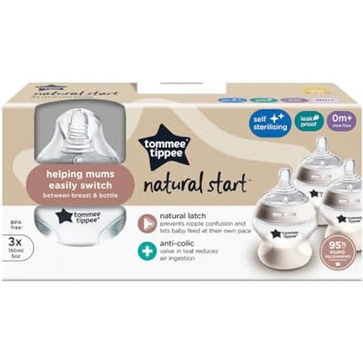 Tommee Tippee Closer to Nature Babyflaschen, Natürlich geformter Trinksauger mit Anti-Kolik-Ventil, 150 ml, 3er-Set, Mehrfarbig – Bild 2