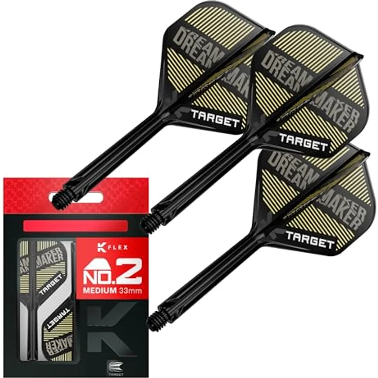 Target Darts Dimitri Van den Bergh K-Flex Flights und Shaft System, All-in-One Packung mit 3 Flights, Medium (33mm), Gelb-Gold, Player Edition Darts Zubehör – Bild 1