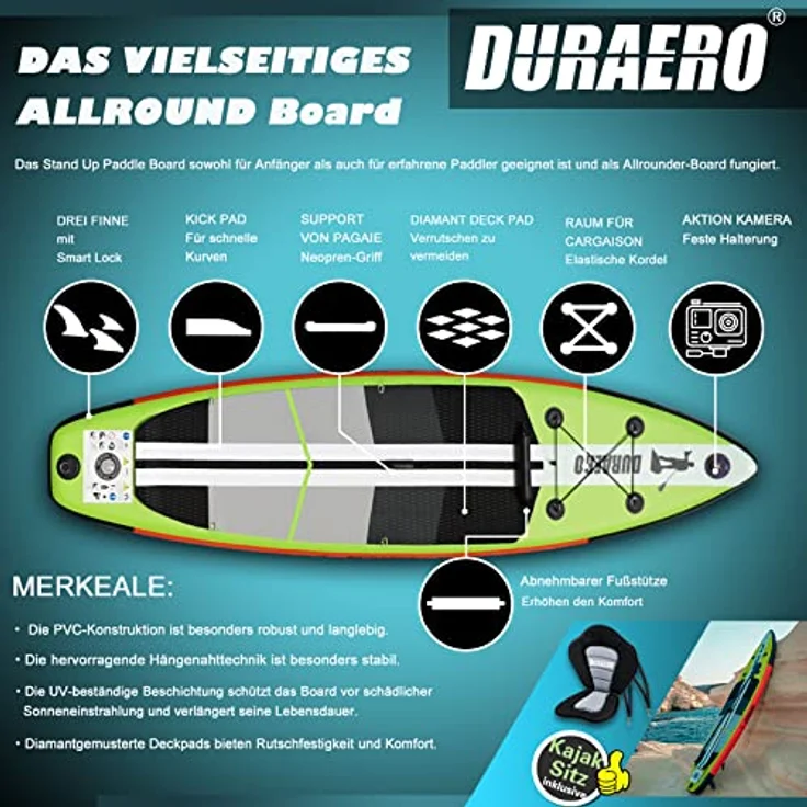DURAERO Inflatable SUP-Board Stand up Paddling Board, 330x76x15cm, Action-Cam Halterung, bis 150kg, blaues Design – Bild 4
