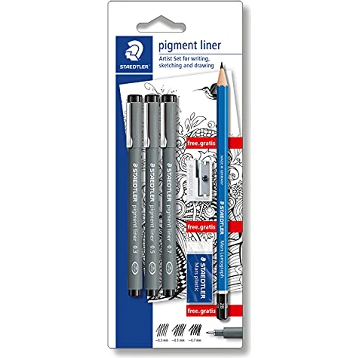 STAEDTLER artist Set, 3 Pigment Liner Schwarz 0.3, 0.5, 0.7mm mit dokumentenechter Pigmenttinte, Bleistift 2B besonders bruchfest, Radierer phtalat- und latexfrei und Spitzer, 308 SBK3P – Bild 1