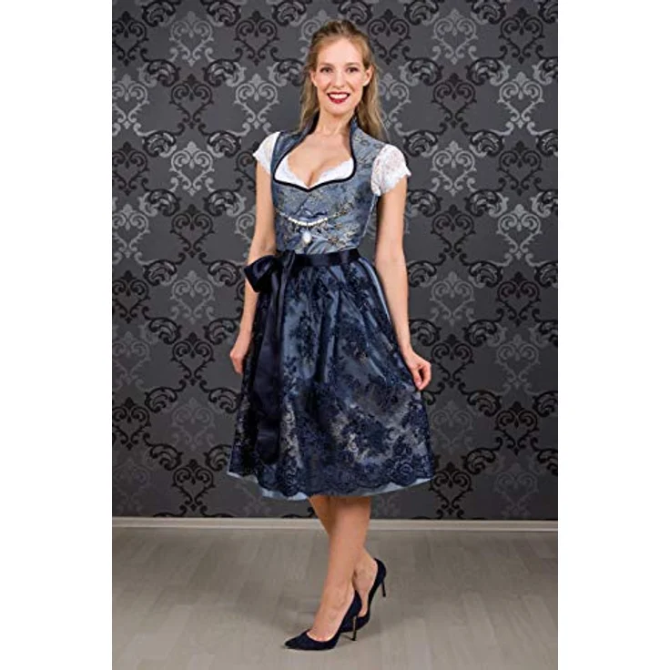 Edelnice Dirndl Adriana, Damen Dirndl in hellblau-silbernem Brokatstoff mit dunkelblauer Spitzenschürze – Bild 7