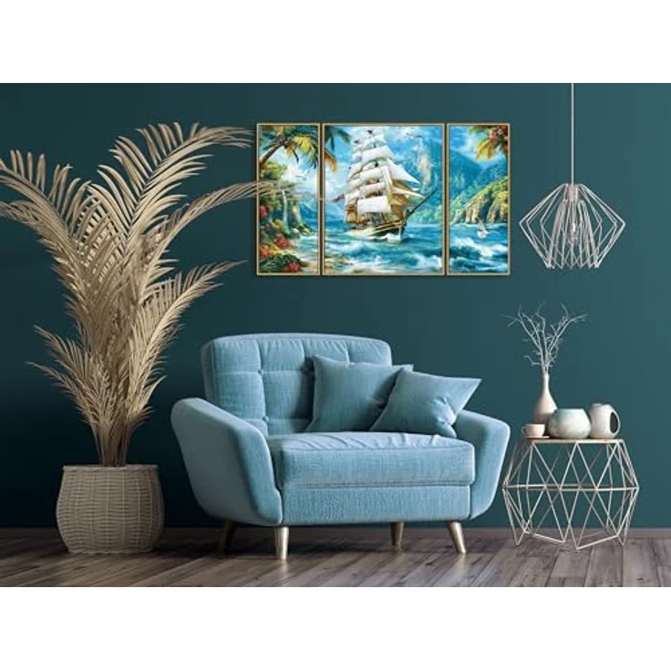 Schipper MNZ Segelschiff in der Südsee, Malen-nach-Zahlen Set im Triptychon-Format mit 42 Acrylfarben und Leinstruktur, 80 x 50 cm – Bild 2