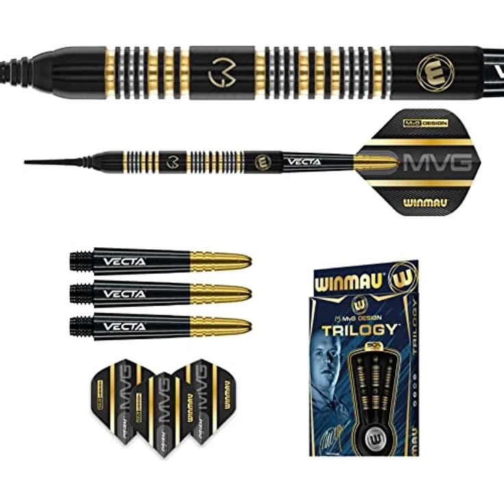 Winmau MvG Trilogy Softdarts, 20 g, 90% Tungsten, schwarze Barrelbeschichtung mit goldenen und silbernen Highlights – Bild 5