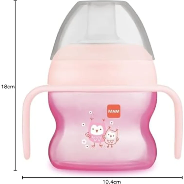 MAM Starter Cup Baby Trinklernbecher (150 ml), Trinkbecher für erste Trinkversuche, Schnabelbecher mit rutschsicheren Griffen, ab 4 Monaten, Eule – Bild 7