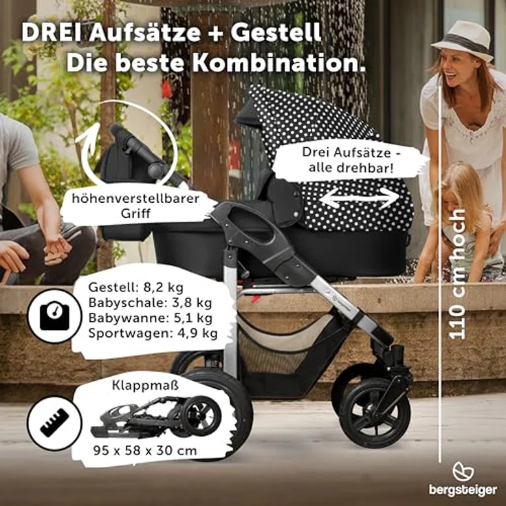 Bergsteiger Capri Kombikinderwagen 4-in-1, Babywanne, Sportsitz, i-Size Babyschale mit Isofix-Station, höhenverstellbar, faltbar, inkl. Zubehör – Bild 7