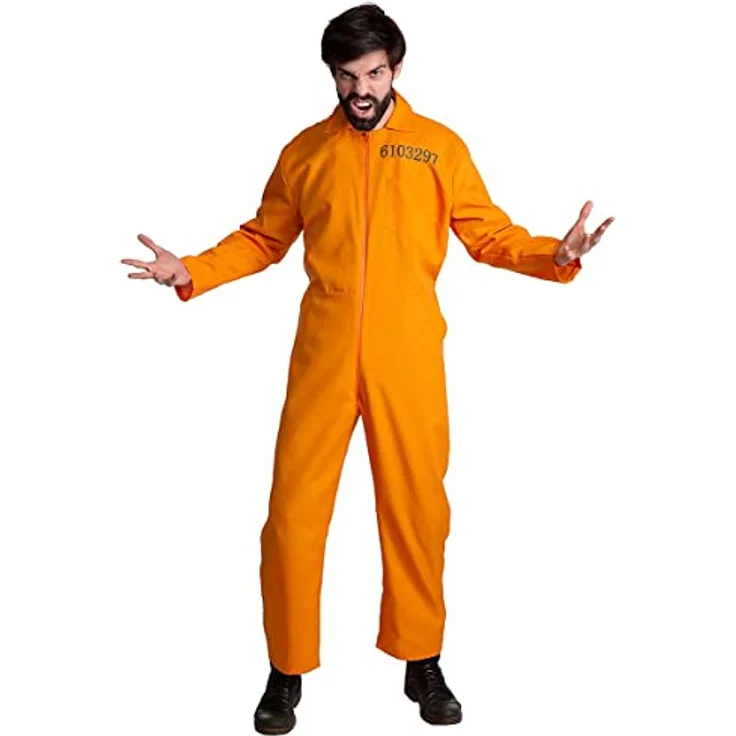 Maskworld Häftling Kostüm (L), einteiliger orangefarbener Overall mit Frontzipper und bedruckter Knastnummer – Bild 4