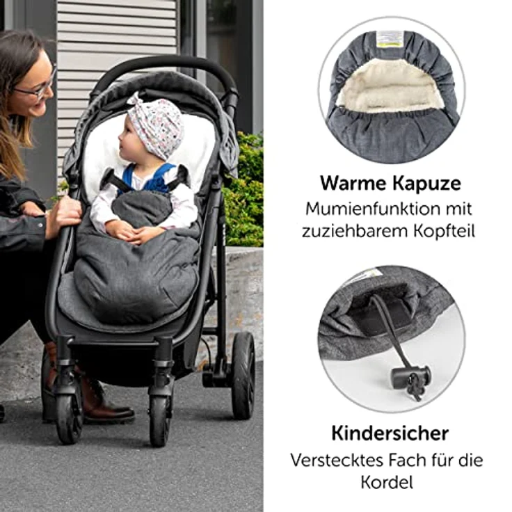 Zamboo Universal Fußsack für Babyschale, Kinderwagen Wanne und Buggy - 2in1 Winterfußsack und Sitzauflage aus kuscheligem Fleece, Baby Fusssack mit Kapuze und Tasche - Grau – Bild 5