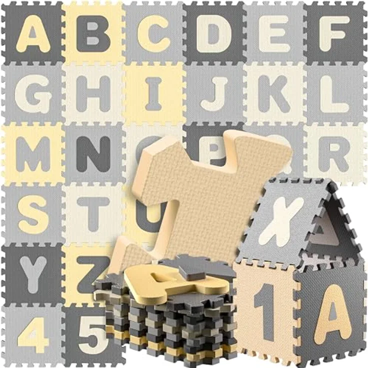 Spielwerk® 86-teilige Puzzlematte Baby Kinder 3,3m² Spielmatte Bodenschutzmatte Krabbelmatte Buchstaben Zahlen ABC Lernteppich XXL Schaumstoff Grau