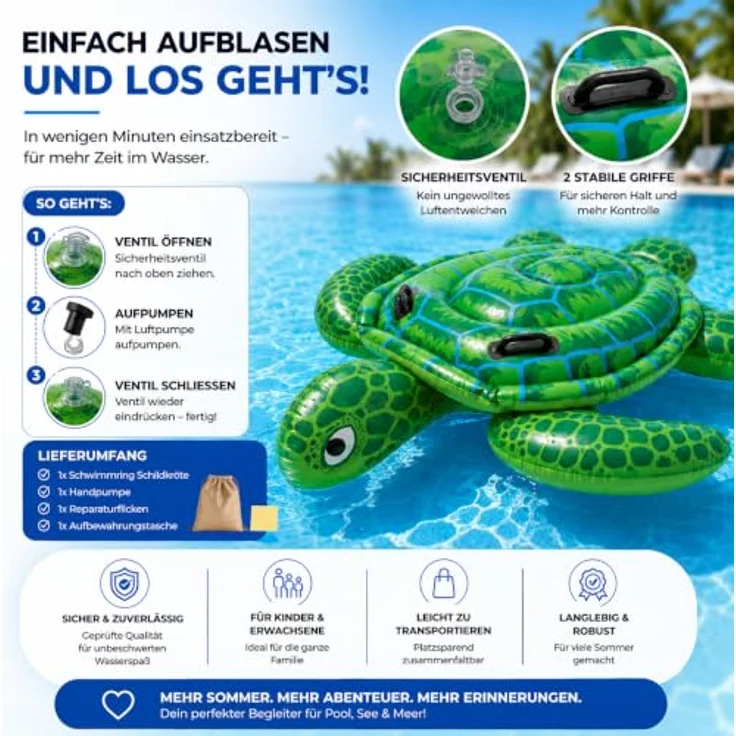 TK Gruppe Timo Klingler XXL Schildkröte aufblasbar Schwimmring, grün, Ø 150 cm, robuste Luftmatratze für Pool und Wasser, geeignet für Erwachsene und Kinder – Bild 5