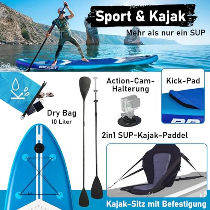 BRAST® SUP Board mit LEDs, aufblasbares Stand up Paddling Set, 320x81x15cm, 10 Farben LED-Beleuchtung, 5 Jahre Garantie, 2in1 Paddel Kajak-Sitz, inkl. Action-Cam-Halterung und Fußschlaufe – Bild 5