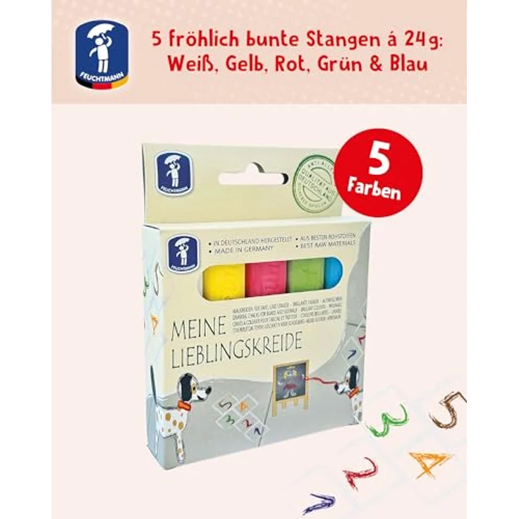 Feuchtmann MEINE LIEBLINGSKREIDE Basic Mini, 5 x 24g bunte Kreidestifte in Weiß, Gelb, Rot, Grün und Blau, für Straße und Tafel ohne zu verkratzen – Bild 6