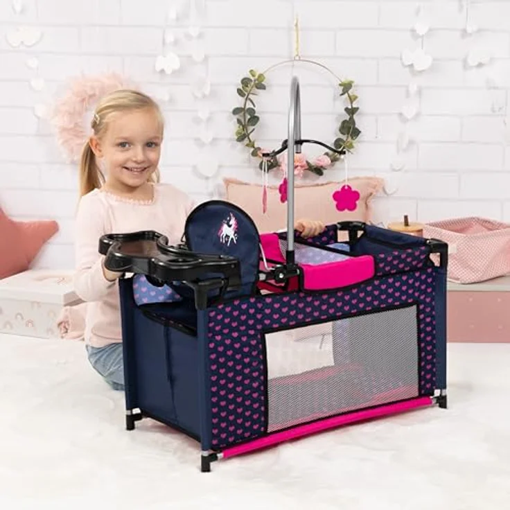 Bayer Puppenbett Puppenmultibett, blau, Mit integriertem Hochstuhl, Wickelablage und Mobile – Bild 4