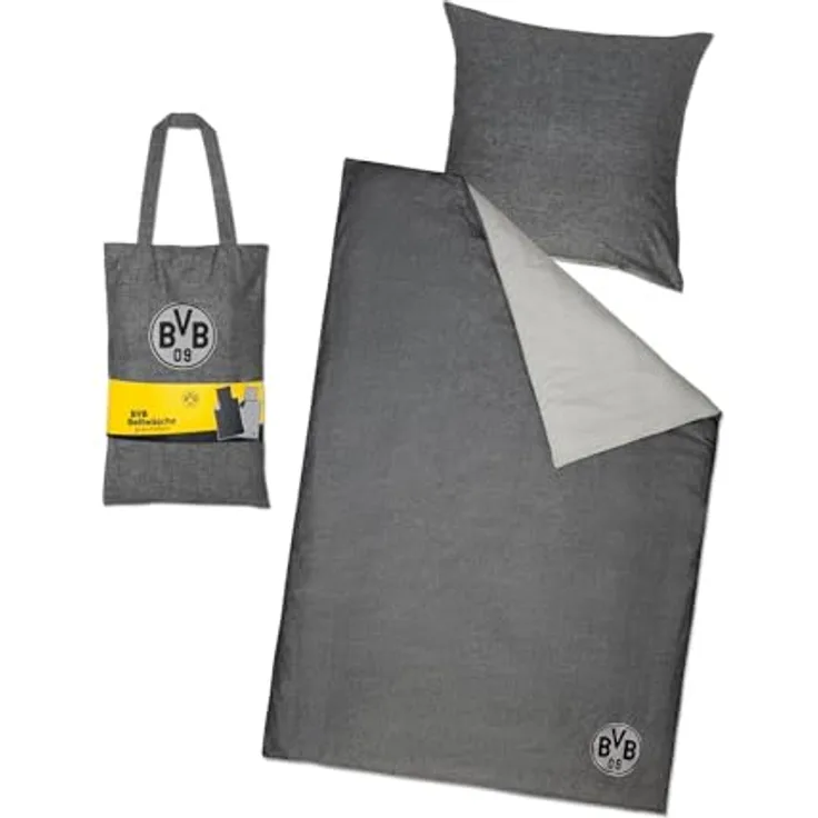Borussia Dortmund BVB Bettwäsche grau meliert 135 cm x 200 cm (GOTS) - Offizielles BVB-Produkt aus 100% Bio-Baumwolle
