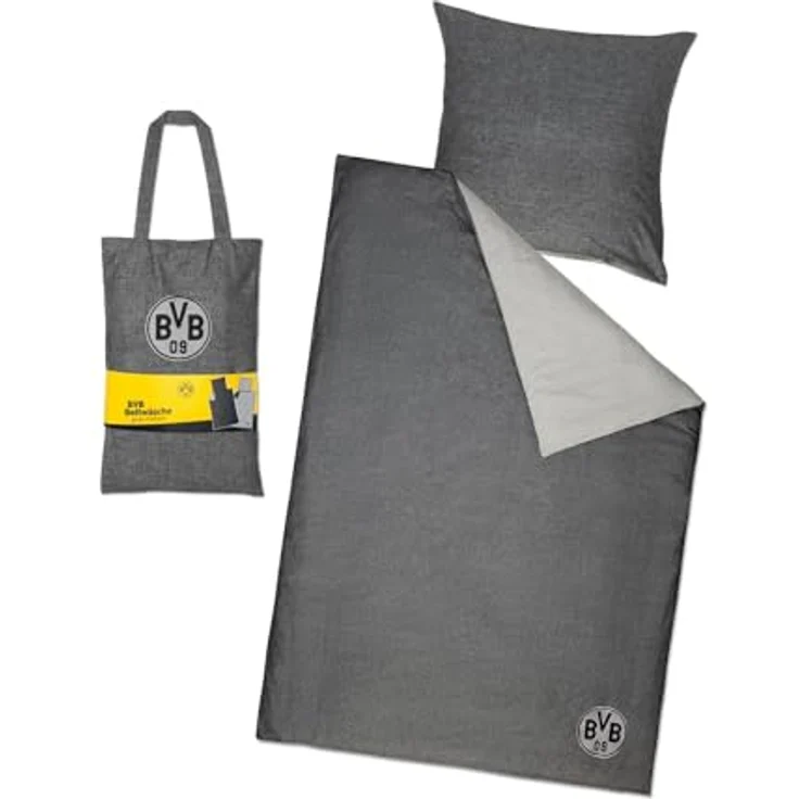 Borussia Dortmund BVB Bettwäsche grau meliert 135 cm x 200 cm (GOTS) - Offizielles BVB-Produkt aus 100% Bio-Baumwolle – Bild 1
