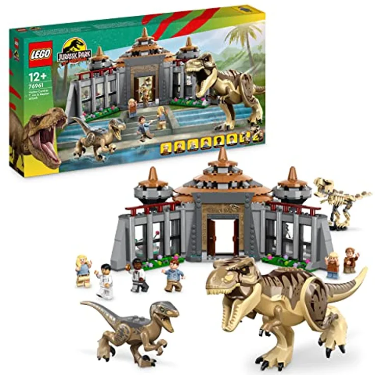 LEGO 76961 Jurassic Park Angriff des T. rex und des Raptors aufs Besucherzentrum, Dinosaurier Spielzeug für Kinder ab 12 Jahren
