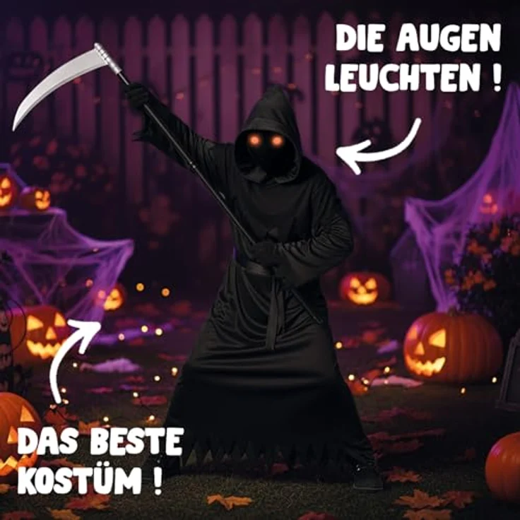 OriginalCup® Sensenmann Kostüm für Kinder, inkl. Vollkapuze, Kleid, Sense, Leuchtbrille, Handschuhe, Größe 100-130 cm, ideal für Halloween-Cosplay – Bild 4