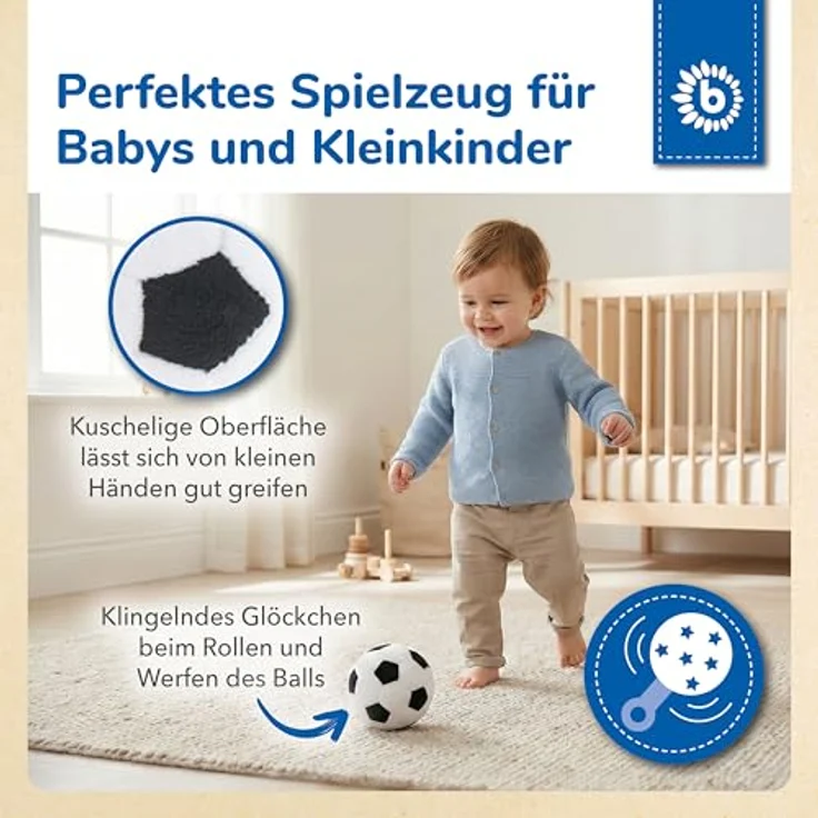 Bieco Softball Fußball mit Rassel, Ø 10 cm, weicher Plüschball für Babys, fördert Motorik und Sinne, maschinenwaschbar – Bild 3