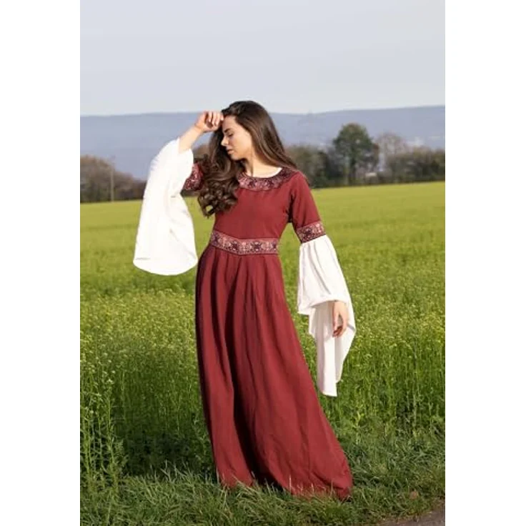 Leonardo Carbone® Damen Kleid Yala, Mittelalter Kostüm mit Stickerei und Schnürung, 100% Baumwolle, rot, Größe S – Bild 4