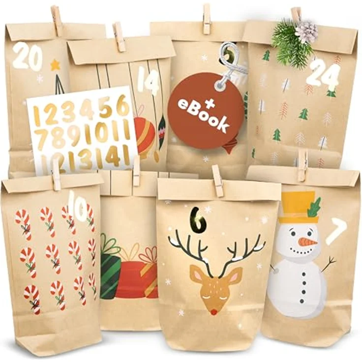 AMARI ® Adventskalender Snowman, DIY Weihnachtsgeschenke Set mit 24 liebevoll gestalteten Tüten – Bild 1